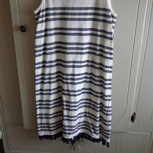 Vince Camuto Sleeveless Dress Pom Pom Hem Stripes Blue/Off Wht - Picture 4 of 14